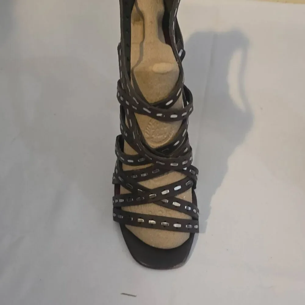 Charles Jourdan Brownish Gray Leather Sandals w/Heels, Flat Studs, Size 9, NEW